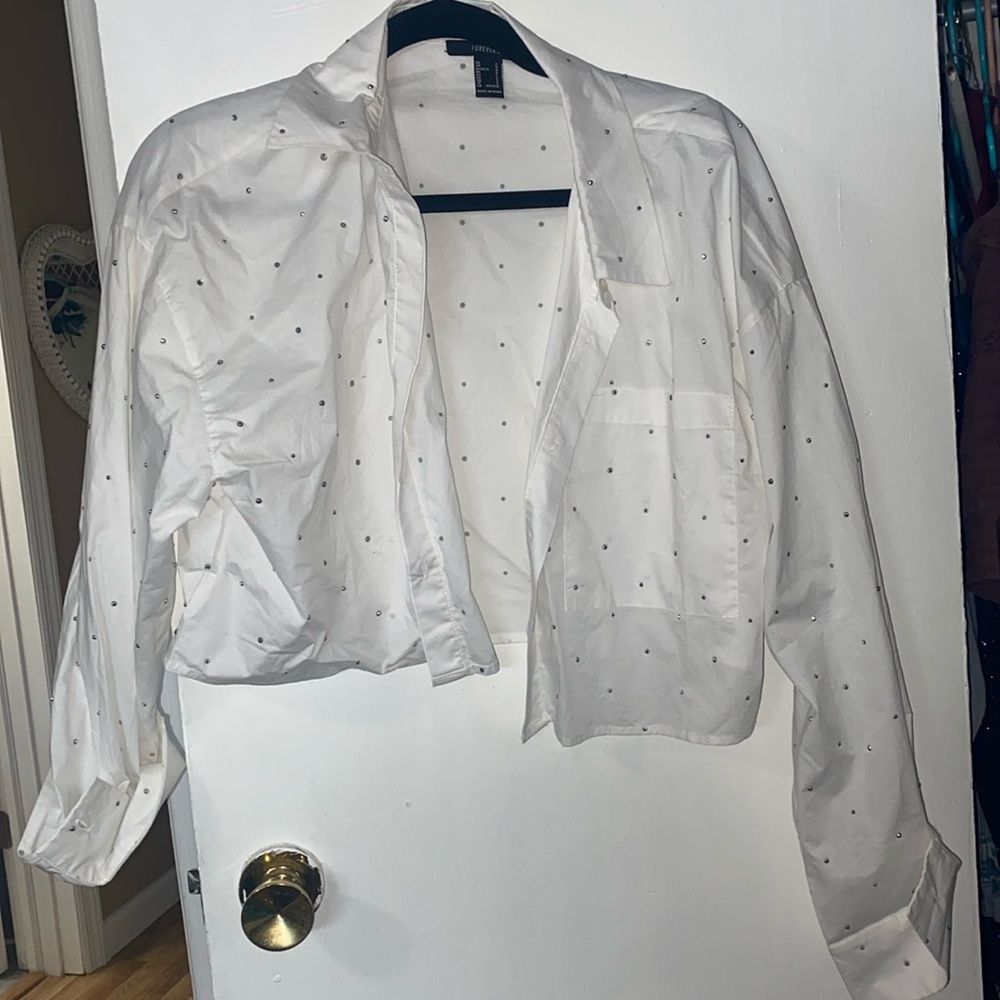 forever 21 white crop rhinestone button up